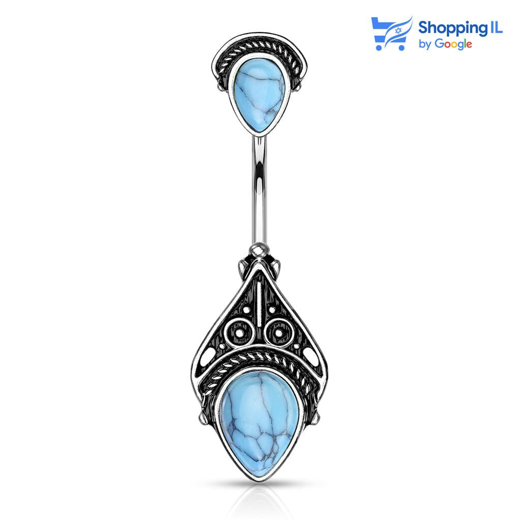 עגיל לטבור מונדו - עשוי מתכת רפואית מצופה כסף עתיק ומשובצת אבן חצי יקרה. העגיל משובץ זוג אבני טורקיז ובעיצוב פיליגרן. צבע - שחור/ טורקיז מידה - מגיע בעובי של 1.6 מ"מ ובאורך 10 מ"מ  העגיל מיועד בעיקר לאזורים הבאים: - פירסינג בטבור