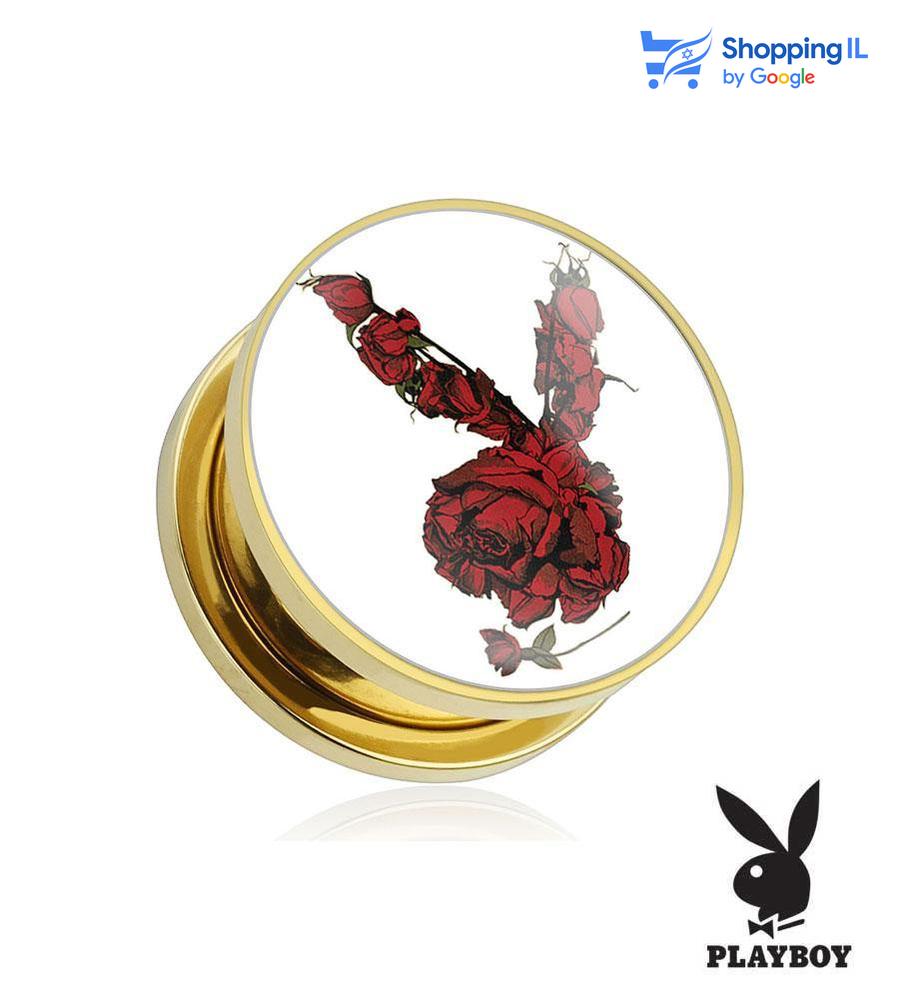 הרחבת Red Playboy - עשויה מתכת רפואית. הרחבת הברגה בעיצוב ארנב פלייבוי בנוי מורדים אדומים. צבע - לבן/אדום/זהב מידה - מגיע בקוטר 6/8 מ"מ