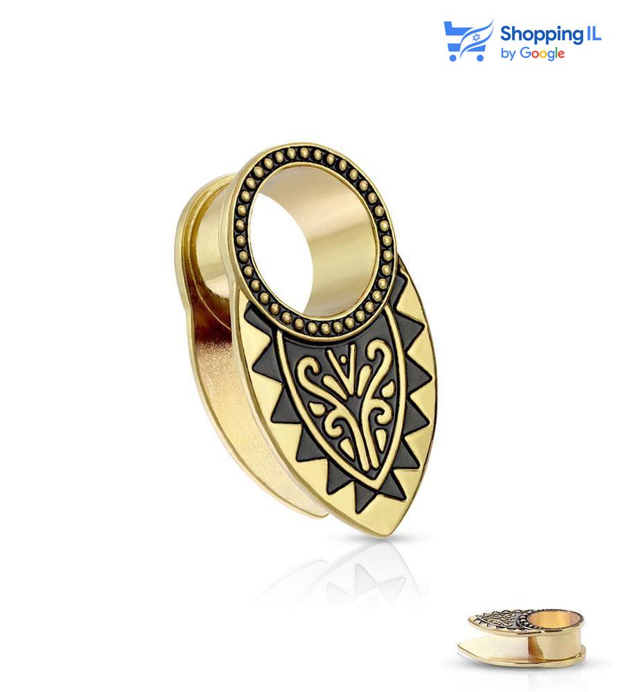 משקולת פאקס - עשויה מתכת רפואית מצופה בזהב עגיל הרחבה דאבל פלייר בעיצוב שבטי. מצופה- זהב מידה - מגיע בקוטר 10/16 מ"מ  העגיל מיועד בעיקר לאזורים הבאים: - הרחבה   ההרחבה מגיעה כעגיל בודד ולא בזוג