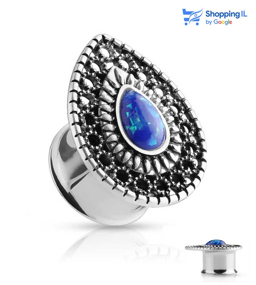 הרחבת טיפת אופל - עשויה מתכת רפואית מצופה כסף עתיק. הרחבת דמעה משובצת אבן אופל גליטר, מקולקציית -  Jaffa Production. מידה - מגיע בקוטר 16 מ"מ