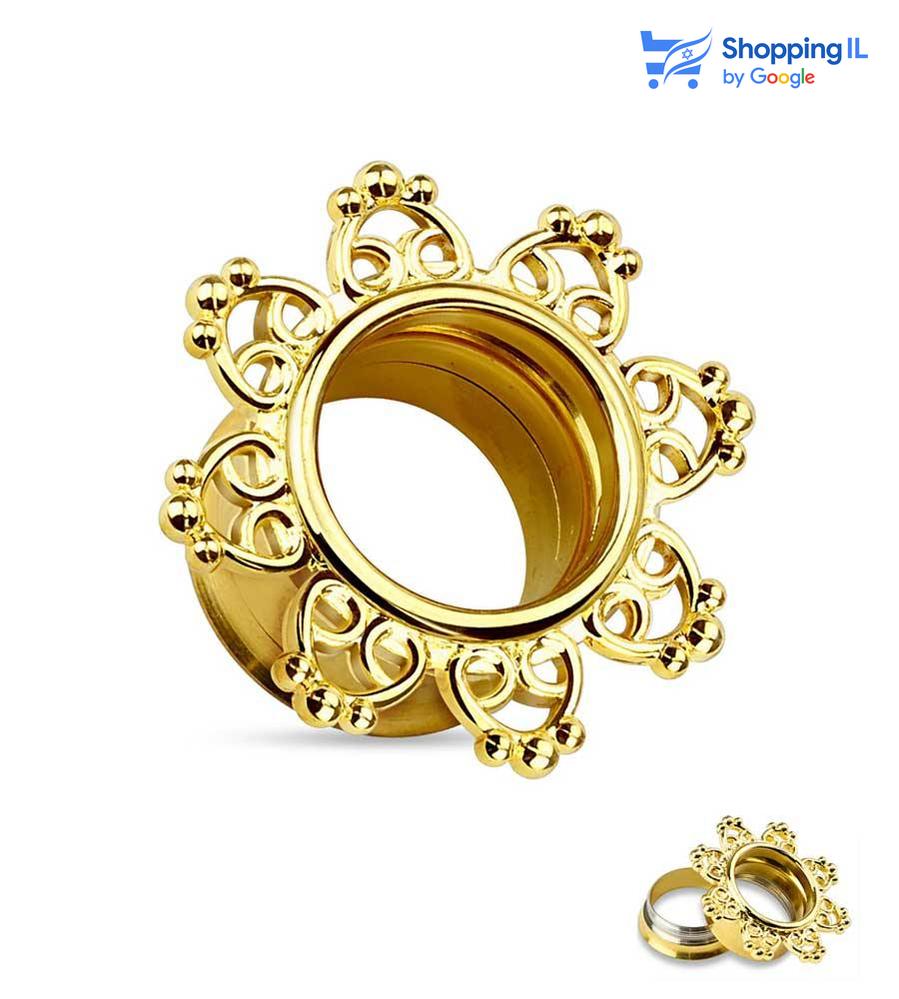 הרחבת טרייבל מגן שבטי - עשויה מתכת רפואית מצופה בזהב 14K. העגיל בעיצוב הרחבת הברגה בעיצוב מגן שבטי. מצופה - זהב 14 קראט מידה - מגיע בקוטר 8,12,14 מ"מ