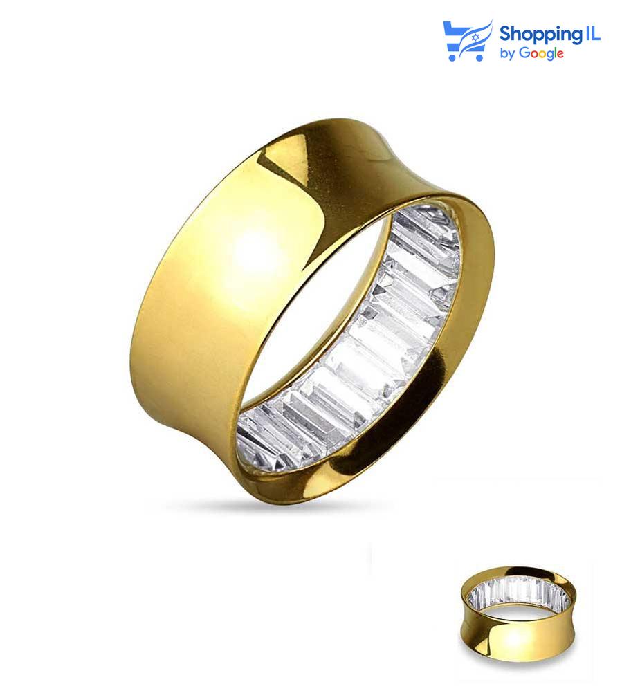 הרחבת תור - עשויה מתכת רפואית מצופה בזהב. הרחבת טאנל דאבל פלייר משובצת באבני זירקון צבע - זהב מידה - מגיעה בקוטר 8,10 מ"מ