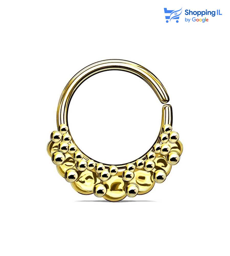 חישוק זהב מבעבע - חישוק עשוי מתכת רפואית מצופה בזהב, סגירת החישוק מתבצעת בעזרת כיפוף. העגיל בעיצוב זהב מבעבע. מצופה - זהב מידה - מגיע בעובי של 1.2 מ"מ ובקוטר 10 מ"מ  העגיל מיועד בעיקר לאזורים הבאים: - פירסינג ספטום - פירסינג דיית' - פירסינג בפיטמה - כמובן שניתן לענוד את העגיל גם באזורים אחרים (: