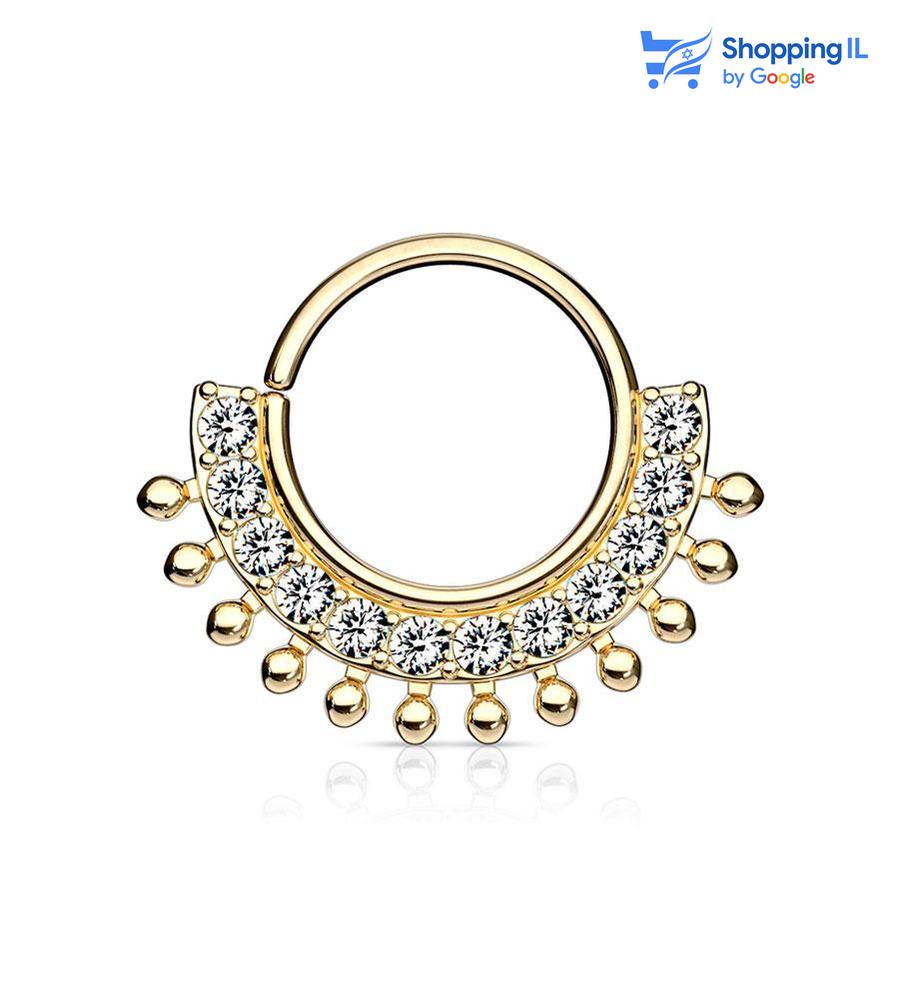 חישוק ג'ולין מצופה זהב - עגיל חישוק עשוי פליז מצופה בזהב 14 קארט, סגירת החישוק מתבצעת בעזרת כיפוף. העגיל בעיצוב מלכותי ומשובץ זירקונים. מצופה- זהב 14 קארט מידה - מגיע בעובי של 1.2 מ"מ ובקוטר 8 מ"מ  העגיל מיועד בעיקר לאזורים הבאים: - פירסינג ספטום - פירסינג דיית' - פירסינג הליקס - כמובן שניתן לענוד את העגיל גם באזורים אחרים (: