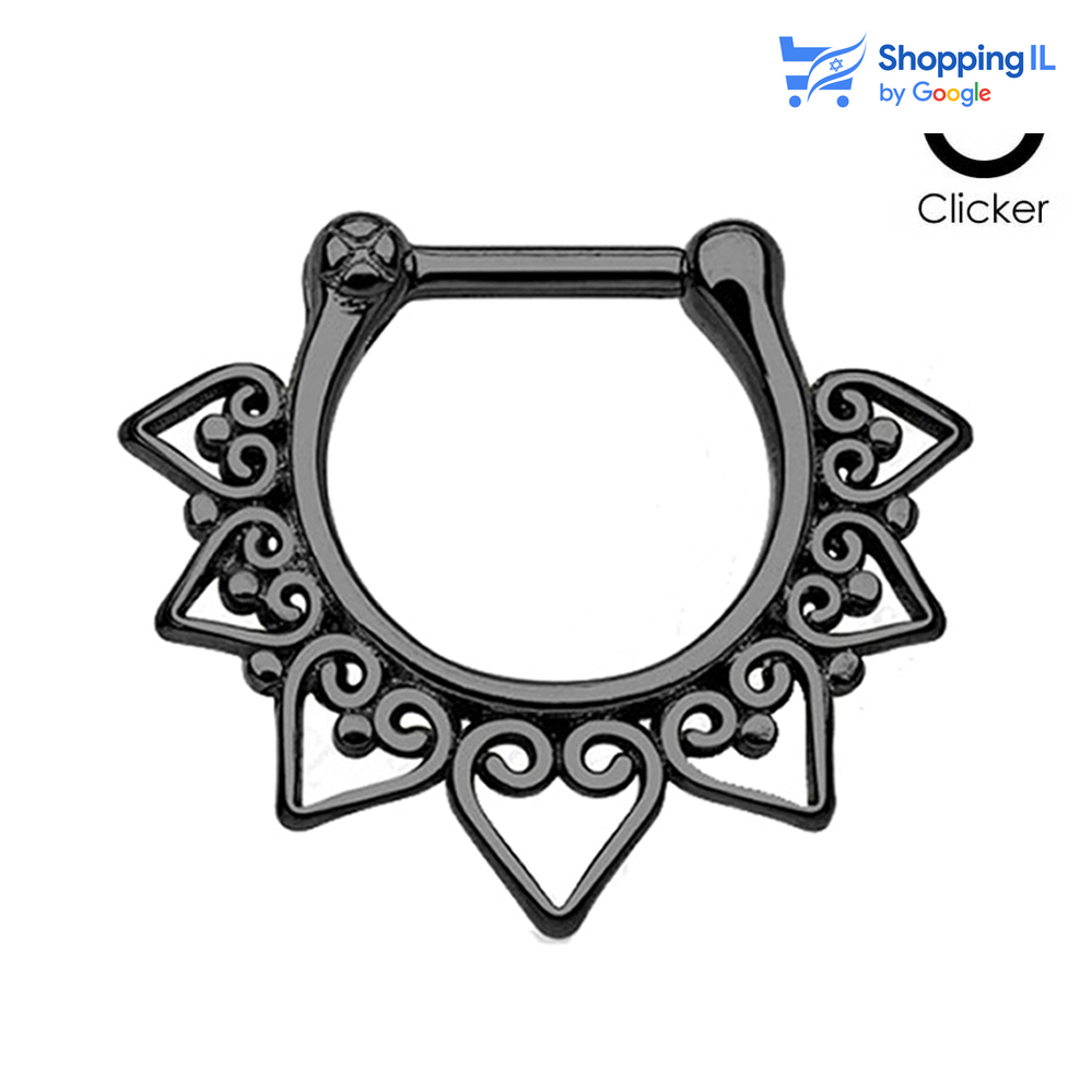 חישוק טריבל יגאן - חישוק טריבל יגאן עשוי מתכת רפואית בעלת סגירת קליקר. העגיל בעיצוב חישוק קליקר מוקף לבבות. צבע - שחור, זהב, כסף מידה - מגיע בעובי של 1.2 מ"מ  העגיל מיועד בעיקר לאזורים הבאים: - פירסינג דיית' - פירסינג ספטום - כמובן שניתן לענוד את העגיל גם באזורים אחרים (: