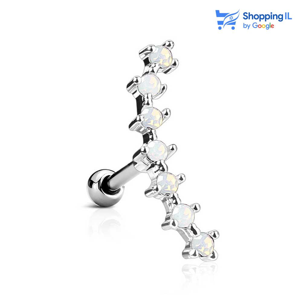  אבני אופל. מידה - מגיע בעובי של 1.2 מ"מ ובאורך 6 מ"מ קוטר סוגר - 3 מ"מ  העגיל מיועד בעיקר לאזורים הבאים: - פירסינג קונץ' - פירסינג הליקס - כמובן שניתן לענוד את העגיל גם באזורים אחרים (: