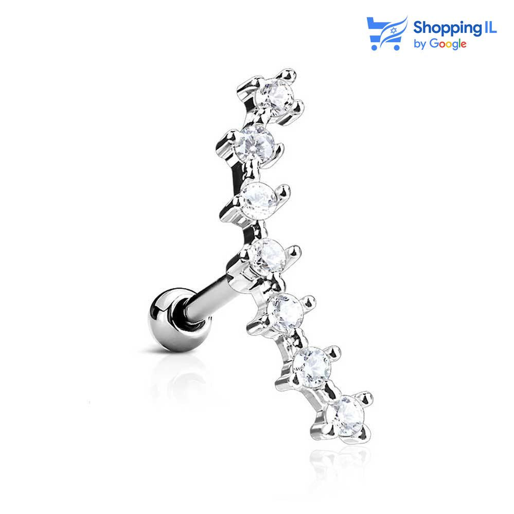 עגיל Saar -  עשוי מתכת רפואית. העגיל משובץ שבעה זירקונים / אבני אופל. מידה - מגיע בעובי של 1.2 מ"מ ובאורך 6 מ"מ קוטר סוגר - 3 מ"מ  העגיל מיועד בעיקר לאזורים הבאים: - פירסינג קונץ' - פירסינג הליקס - כמובן שניתן לענוד את העגיל גם באזורים אחרים (: