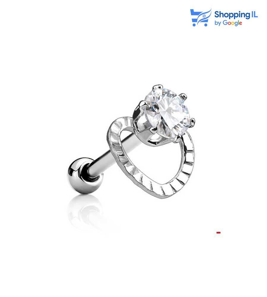 עגיל לב משובץ אבן זירקון - עשוי מתכת רפואית, מקולקציית Mon Coeur העגיל בעיצוב של מוט משובץ אבן זירקון עם מסגרת לב. צבע - כסוף, זהב מידה - מגיע בעובי של 1.2 מ"מ ובאורך 6 מ"מ קוטר סוגר - 3 מ"מ  העגיל מיועד בעיקר לאזורים הבאים: - פירסינג הליקס - פירסינג פלאט - פירסינג טראגוס