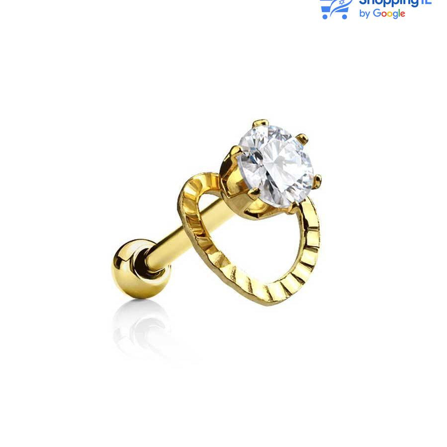 עגיל לב משובץ אבן זירקון - עשוי מתכת רפואית, מקולקציית Mon Coeur העגיל בעיצוב של מוט משובץ אבן זירקון עם מסגרת לב. צבע - כסוף, זהב מידה - מגיע בעובי של 1.2 מ"מ ובאורך 6 מ"מ קוטר סוגר - 3 מ"מ  העגיל מיועד בעיקר לאזורים הבאים: - פירסינג הליקס - פירסינג פלאט - פירסינג טראגוס