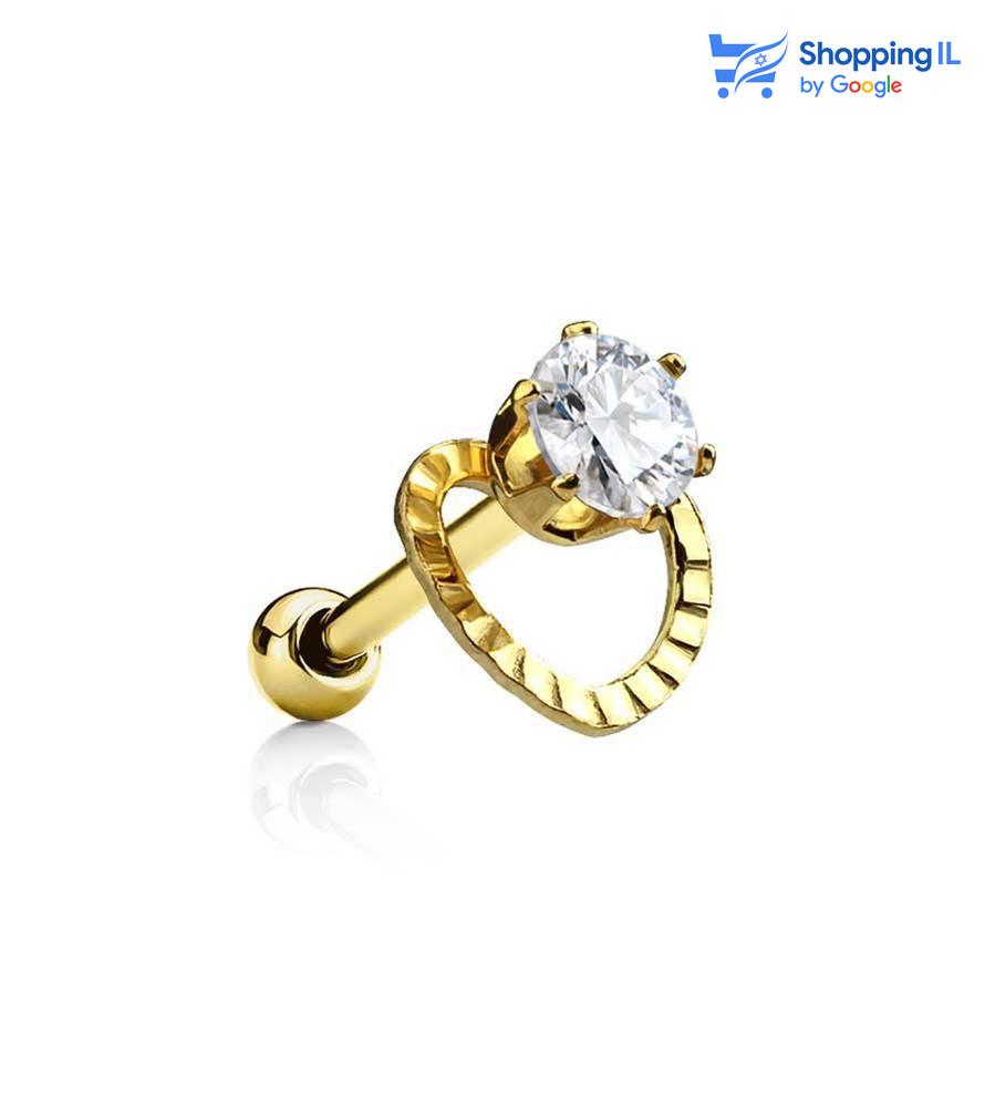 עגיל לב משובץ אבן זירקון - עשוי מתכת רפואית, מקולקציית Mon Coeur העגיל בעיצוב של מוט משובץ אבן זירקון עם מסגרת לב. צבע - כסוף, זהב מידה - מגיע בעובי של 1.2 מ"מ ובאורך 6 מ"מ קוטר סוגר - 3 מ"מ  העגיל מיועד בעיקר לאזורים הבאים: - פירסינג הליקס - פירסינג פלאט - פירסינג טראגוס