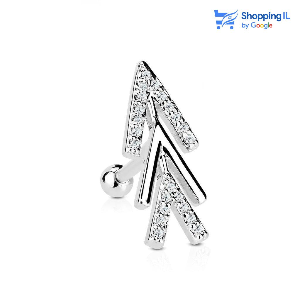 Chevron - עשוי מתכת רפואית . העגיל בעיצוב שלושה חצים כאשר שניים מהם משובצים זירקונים. צבע - כסוף מידה - מגיע בעובי של 1.2 מ"מ ובאורך 6 מ"מ קוטר סוגר - 3 מ"מ  העגיל מיועד בעיקר לאזורים הבאים: - פירסינג הליקס - כמובן שניתן לענוד את העגיל גם באזורים אחרים (: