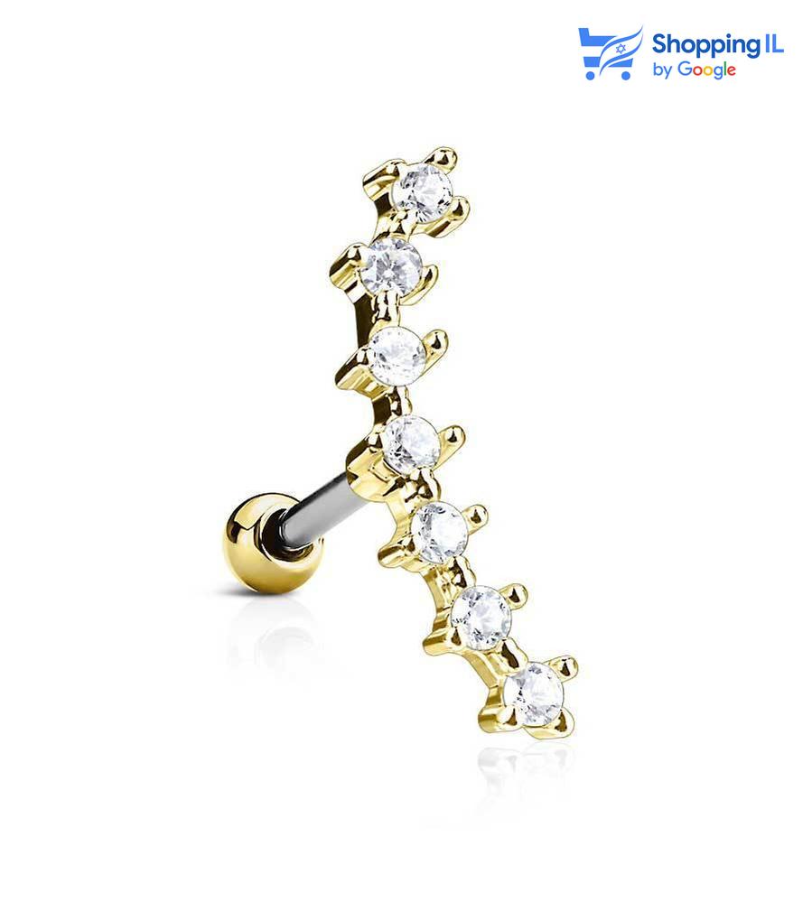 עגיל Saar -  עשוי מתכת רפואית. העגיל משובץ שבעה זירקונים ומצופה בזהב - המוט אינו מצופה בזהב. מצופה- זהב, זהב רוז מידה - מגיע בעובי של 1.2 מ"מ ובאורך 6 מ"מ קוטר סוגר - 3 מ"מ  העגיל מיועד בעיקר לאזורים הבאים: - פירסינג קונץ' - פירסינג הליקס - כמובן שניתן לענוד את העגיל גם באזורים אחרים (: