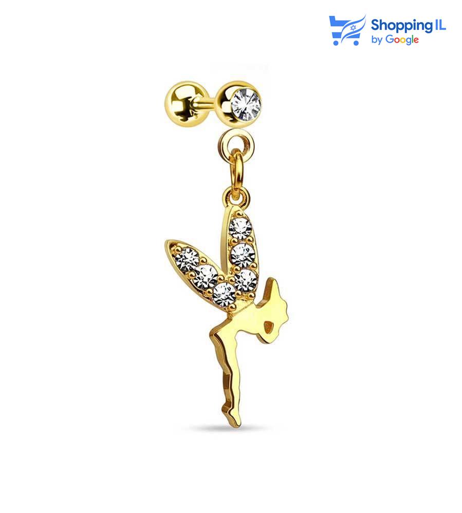 עגיל טינקרבל - עגיל טינקרבל עשוי מתכת רפואית מצופה זהב 14K. העגיל בעיצוב מוט ברבל משובץ באבני זירקון ומעוטר בתליון טינקרבל . מצופה - זהב 14 קראט מידה - מגיע בעובי של 1.2 מ"מ ובאורך 6 מ"מ סוגר בקוטר - 3 מ"מ  העגיל מיועד בעיקר לאזורים הבאים: - פירסינג הליקס - פירסינג פלאט - כמובן שניתן לענוד את העגיל גם באזורים אחרים (: