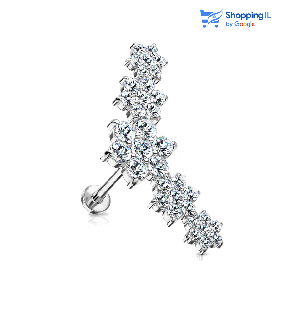 עגיל Crystal Moon- עשוי מתכת רפואית מצופה רודיום ובעלת הברגה פנימית. העגיל בעיצוב ירח ומשובץ כולו באבני זירקון. צבע - כסוף מידה - מגיע בעובי של 1.2 מ"מ ובאורך 6 מ"מ  העגיל מיועד בעיקר לאזורים הבאים: -פירסינג קונץ' - פירסינג הליקס - כמובן שניתן לענוד את העגיל גם באזורים אחרים (: