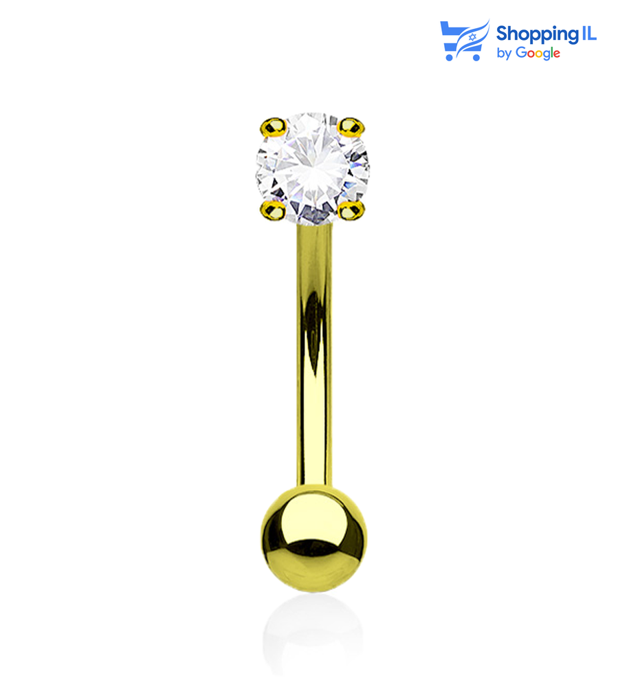 עגיל זירקון רוק מצופה זהב - עגיל בננה עשוי מתכת רפואית מצופה זהב 14K. העגיל בעיצוב מוט בננה משובץ בזירקון. מצופה - זהב 14 קראט מידה - מגיע בעובי של 1.2 מ"מ ובאורך 8 מ"מ קוטר סוגר - 3 מ"מ  העגיל מיועד בעיקר לאזורים הבאים: - פירסינג בגבה - פירסינג רוק - פירסינג בטבור (קצר ודק במידה מהסטנדרט) - כמובן שניתן לענוד את העגיל גם באזורים אחרים (: