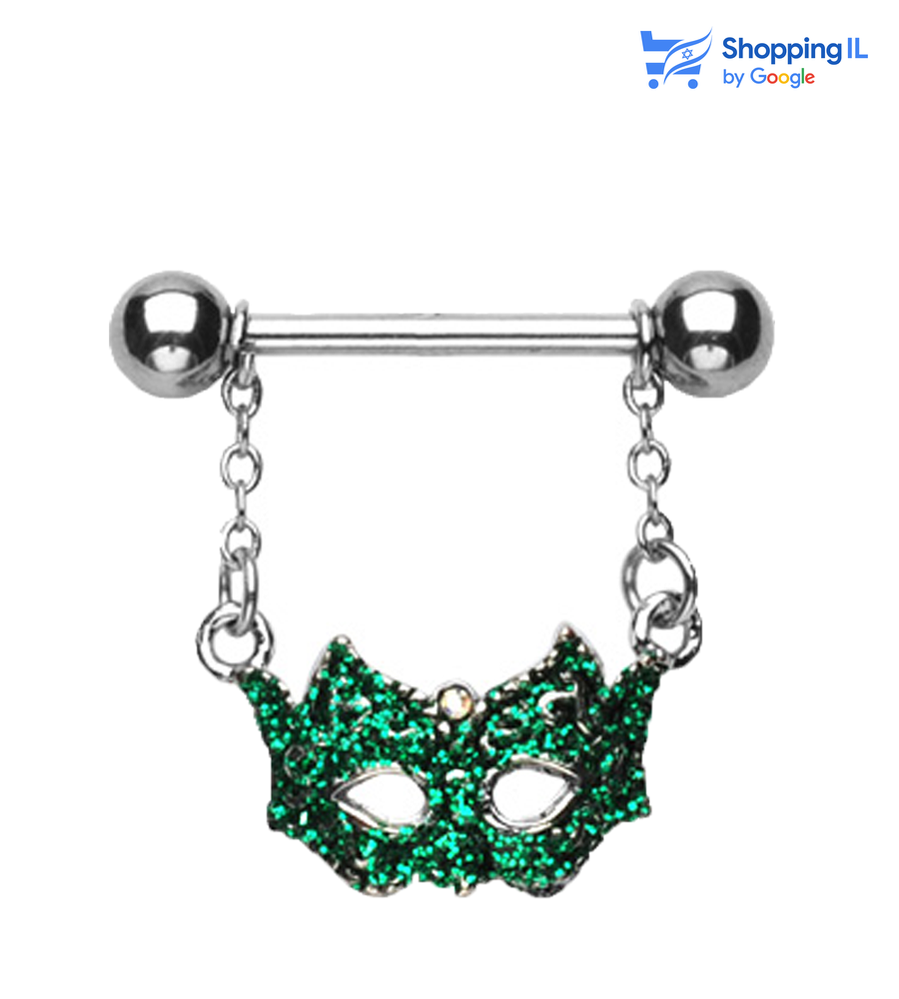 עגיל לפיטמה - עגיל בפיטמה - פירסינג בפיטמה - עגיל בפטמה עשוי מתכת רפואית בעיצוב מסכה ונציאנית תלויה