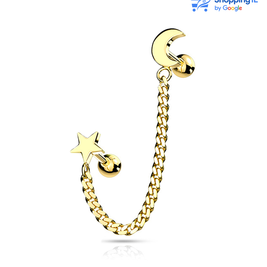 זוג עגילים מחוברים בשרשרת העשויה מתכת רפואית בצבע זהב 