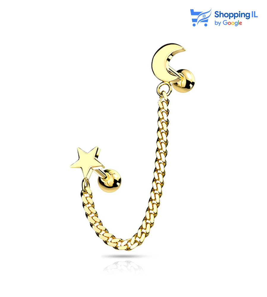 זוג עגילים מחוברים בשרשרת העשויה מתכת רפואית בצבע זהב 