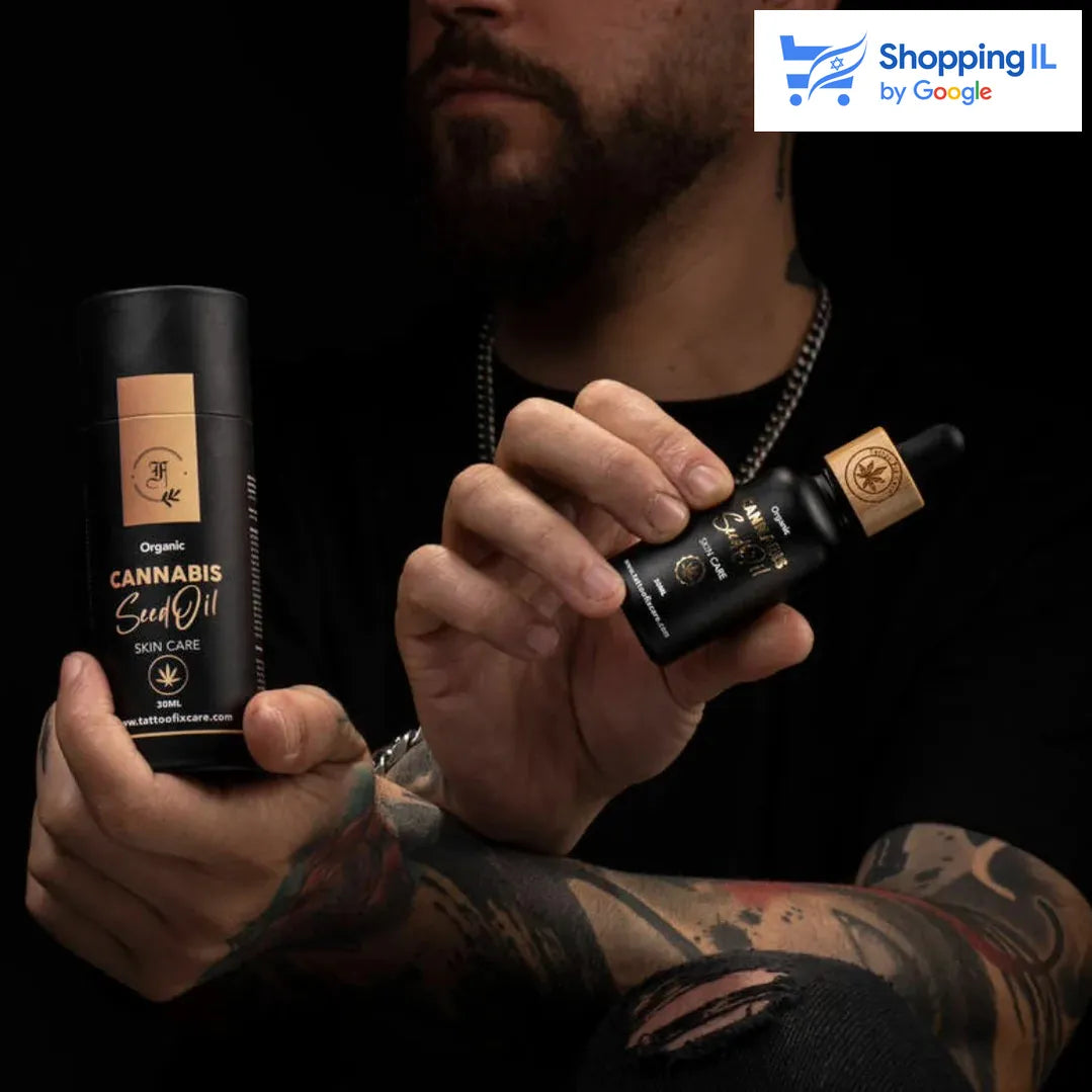  שמן אורגני המופק מ - 100% זרעי קנאביס סאטיבה  מוצר חדש מקולקציית ה -  Skin Care של Tatto Fix Care  שימוש בשמן הקנאביס מחזק את העור ומאפשר התמודדות טובה יותר עם זיהומים לאחר עשיית קעקוע או פירסינג. השמן מצון גם לבעיות בעור כגון פצעים, אקזמה, אקנה ועוד.