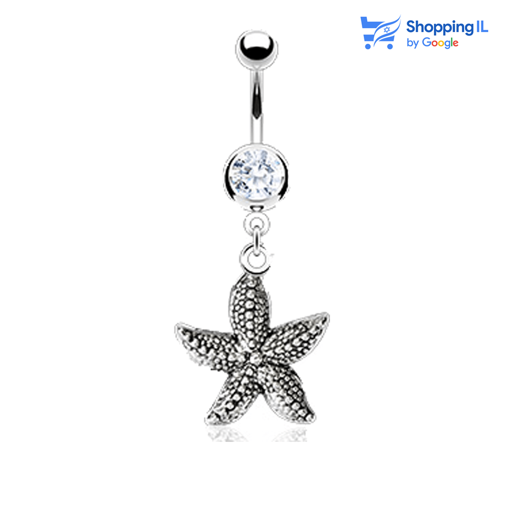 עגיל לטבור כוכב ים מיצרי- עשוי מתכת רפואית. העגיל בעיצוב מוט בננה משובץ זירקון גדול עם תליון כוכב ים - Under the Waves. צבע - כסוף מידה - מגיע בעובי של 1.6 מ"מ ובאורך 10 מ"מ קוטר סוגר - 5 מ"מ  העגיל מיועד בעיקר לאזורים הבאים: - פירסינג בטבור