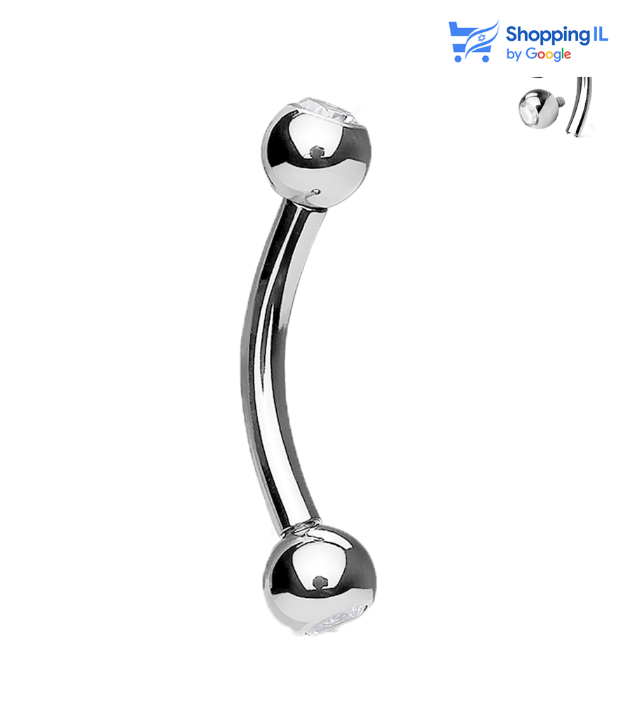 עגיל בננה טיטניום - עגיל בננה עשוי טיטניום TITANIUM 6AL-4V-ELI ASTM F-136. עגיל בננה משובץ זוג אבני זירקון בסוגרים בעל הברגה פנימית. צבע -כסוף כהה מידה - מגיע בעובי של 1.2 מ"מ ובאורך 6/8/10/12 מ"מ קוטר סוגרים - 3 מ"מ  העגיל מיועד בעיקר לאזורים הבאים: - פירסינג בגבה - פירסינג רוק - פירסינג בטבור (דק במידה מהסטנדרט) - כמובן שניתן לענוד את העגיל גם באזורים אחרים (: