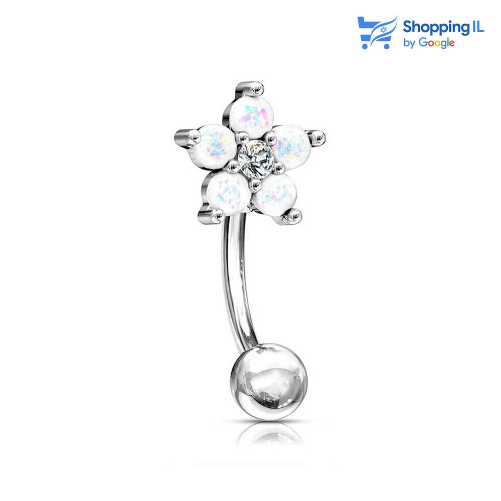 עגיל פרח קטן - עגיל בננה עשוי מתכת רפואית. העגיל בסגנון עגיל בננה משובץ אבני אופל ואבן זירקון בעיצוב פרח. צבע - לבן, ורוד,מידה - מגיע בעובי של 1.2 מ"מ ובאורך 8 מ"מ קוטר סוגר - 4 מ"מ  העגיל מיועד בעיקר לאזורים הבאים: - פירסינג בגבה - פירסינג רוק - פירסינג בטבור (קצר ודק במידה מהסטנדרט) - כמובן שניתן לענוד את העגיל גם באזורים אחרים (: