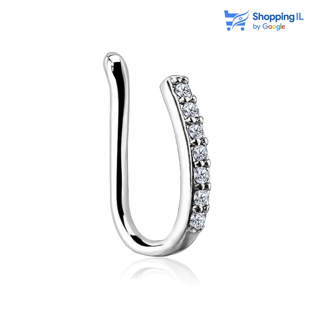 נזם מזויף - עשוי פליז מצופה רודיום את העגיל ניתן לענוד בנזם ללא נקב. העגיל בעיצוב סט אבני זירקון. צבע - כסף  העגיל מיועד בעיקר לאזורים הבאים: - פירסינג נזם - כמובן שניתן לענוד את העגיל גם באזורים אחרים (: