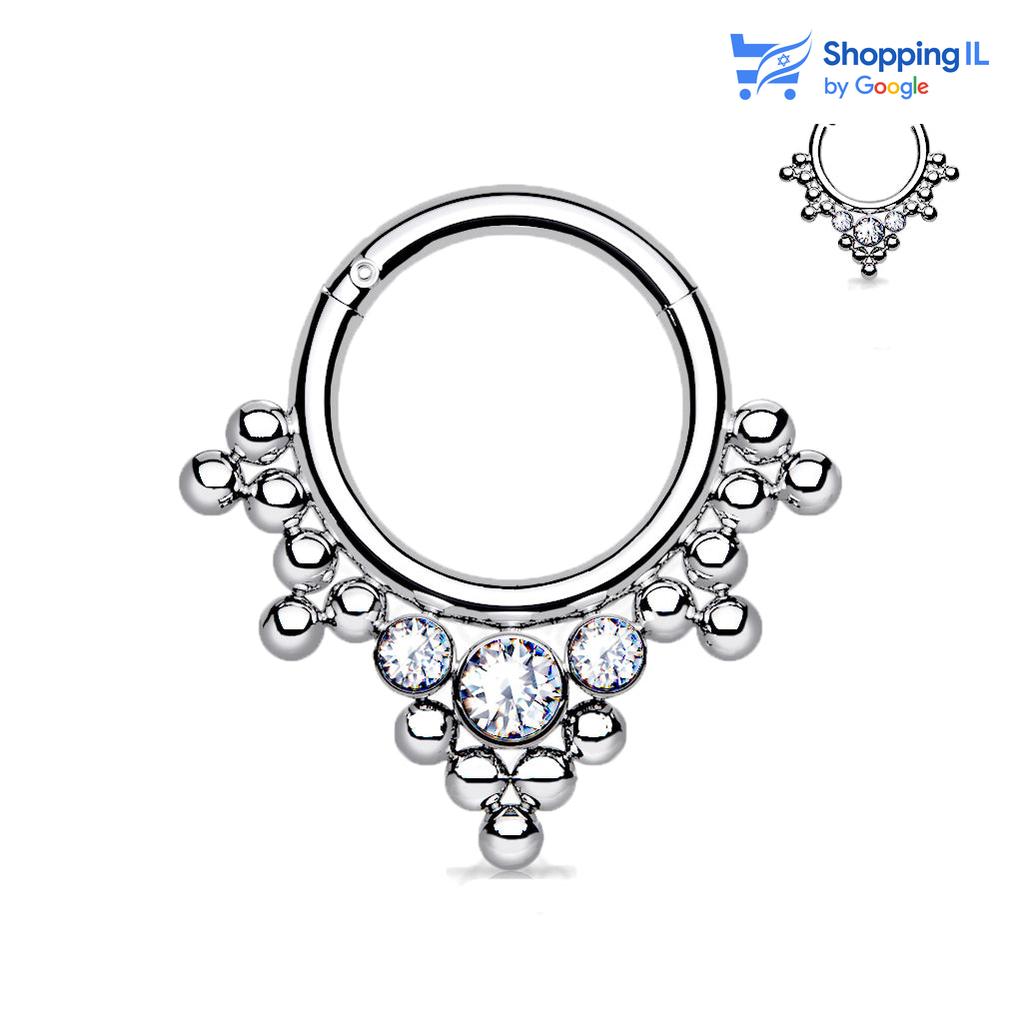 חישוק סן פדרו - חישוק עשוי טיטניום TITANIUM 6AL-4V-ELI ASTM F-136. העגיל בעיצוב שבטי ומשובץ שלושה קריסטלים נוצצים במרכז. צבע - כסוף מידה - מגיע בעובי של 1.2 מ"מ ובקוטר 8/10 מ"מ  העגיל מיועד בעיקר לאזורים הבאים: - פירסינג ספטום - פירסינג בפיטמה - פירסינג דיית' - כמובן שניתן לענוד את העגיל גם באזורים אחרים (: