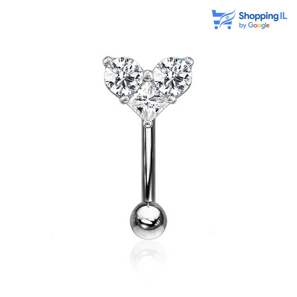 עגיל בננה לב - עגיל בננה עשוי מתכת רפואית מצופה ברודיום. העגיל בעיצוב מוט בננה עם זירקונים בסגנון לב.  צבע -כסוף מידה - מגיע בעובי של 1.2 מ"מ ובאורך 8 מ"מ קוטר סוגר - 3 מ"מ  העגיל מיועד בעיקר לאזורים הבאים: - פירסינג בגבה - פירסינג רוק - פירסינג בטבור (קצר ודק במידה מהסטנדרט)