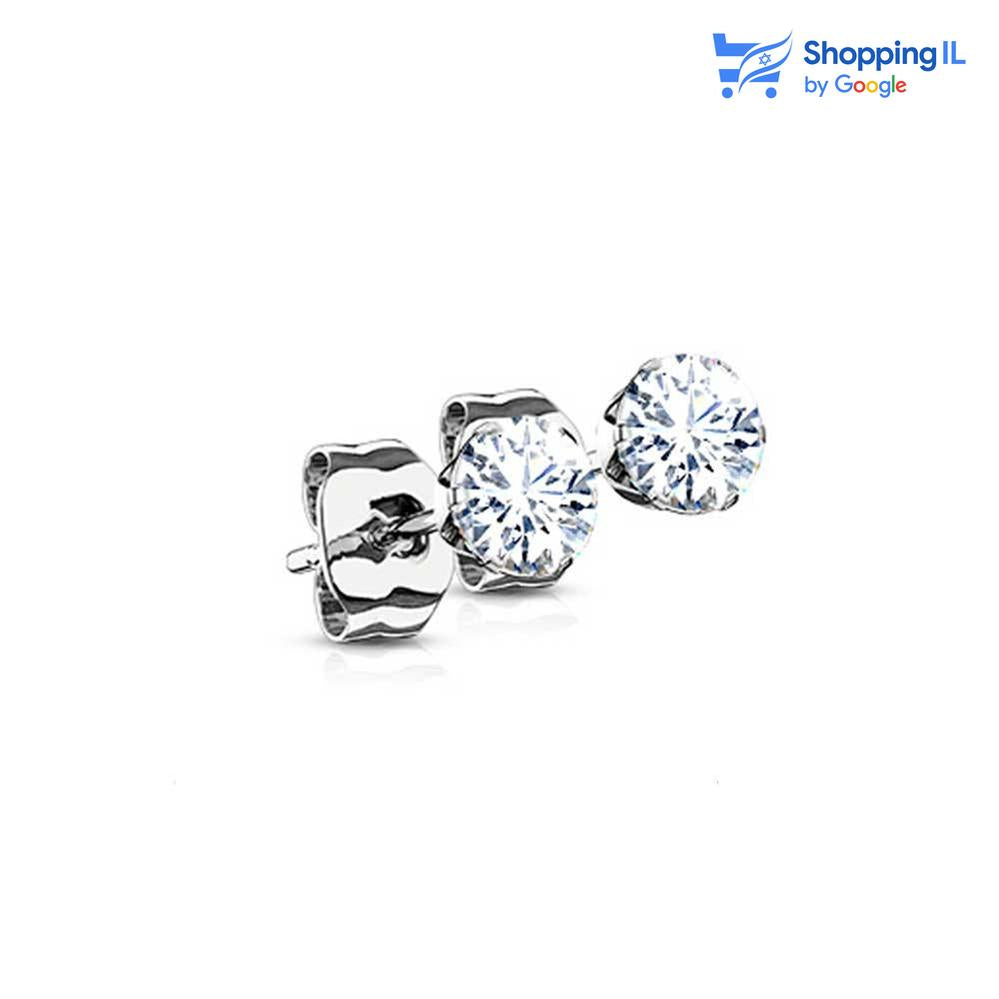  זוג זוג עגילי "יהלום" -  עשויים מתכת רפואית. זוג עגילים צמודים משובצים אבן זירקון בסגנון יהלום. צבע - כסוף מידה - מגיע בעובי של 0.8 וקוטר זירקון 2/3/4/5  העגילים מיועדים בעיקר לאזורים הבאים: - תנוך עגילי יהלום - עגילים לגברים - יהלום עגול