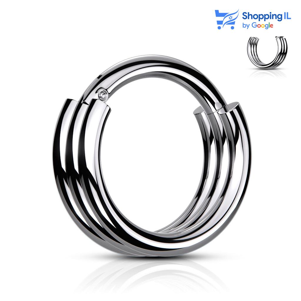 חישוק Triple ring - חישוק עשוי מתכת רפואית עם סגירת קליקר. העגיל בעיצוב שלושה חישוקים צמודים. צבע - כסוף, זהב, שחור מידה - מגיע בעובי של 1.2 מ"מ ובקוטר 8/10 מ"מ  העגיל מיועד בעיקר לאזורים הבאים: - פירסינג הליקס - פירסינג פיטמה - פירסינג ספטום - כמובן שניתן לענוד את העגיל גם באזורים אחרים (:
