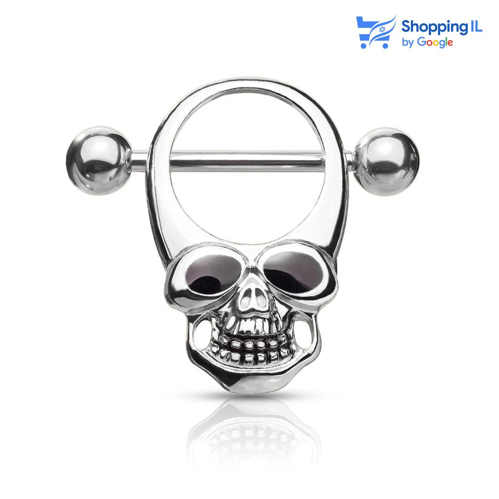 עגיל לפיטמה גולגולת- עשוי מתכת רפואית. העגיל בעיצוב גולגולת עם זוג עיניים בולטות. צבע - שחור, כסף מידה - מגיע בעובי 1.6 מ"מ ובאורך 16 מ"מ  העגיל מיועד בעיקר לאזורים הבאים: - פירסינג בפיטמה