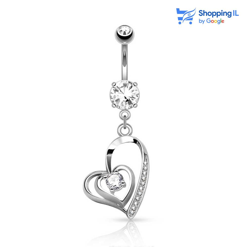 עגיל לטבור לב כפול  - עשוי מתכת רפואית. העגיל בעיצוב עגיל בננה משובץ זירקונים עם תליון לב כפול מקולקציית #Mon Coeur. צבע - כסוף מידה - מגיע בעובי של 1.6 מ"מ ובאורך 10 מ"מ קוטר סוגר - 5 מ"מ  העגיל מיועד בעיקר לאזורים הבאים: - פירסינג בטבור