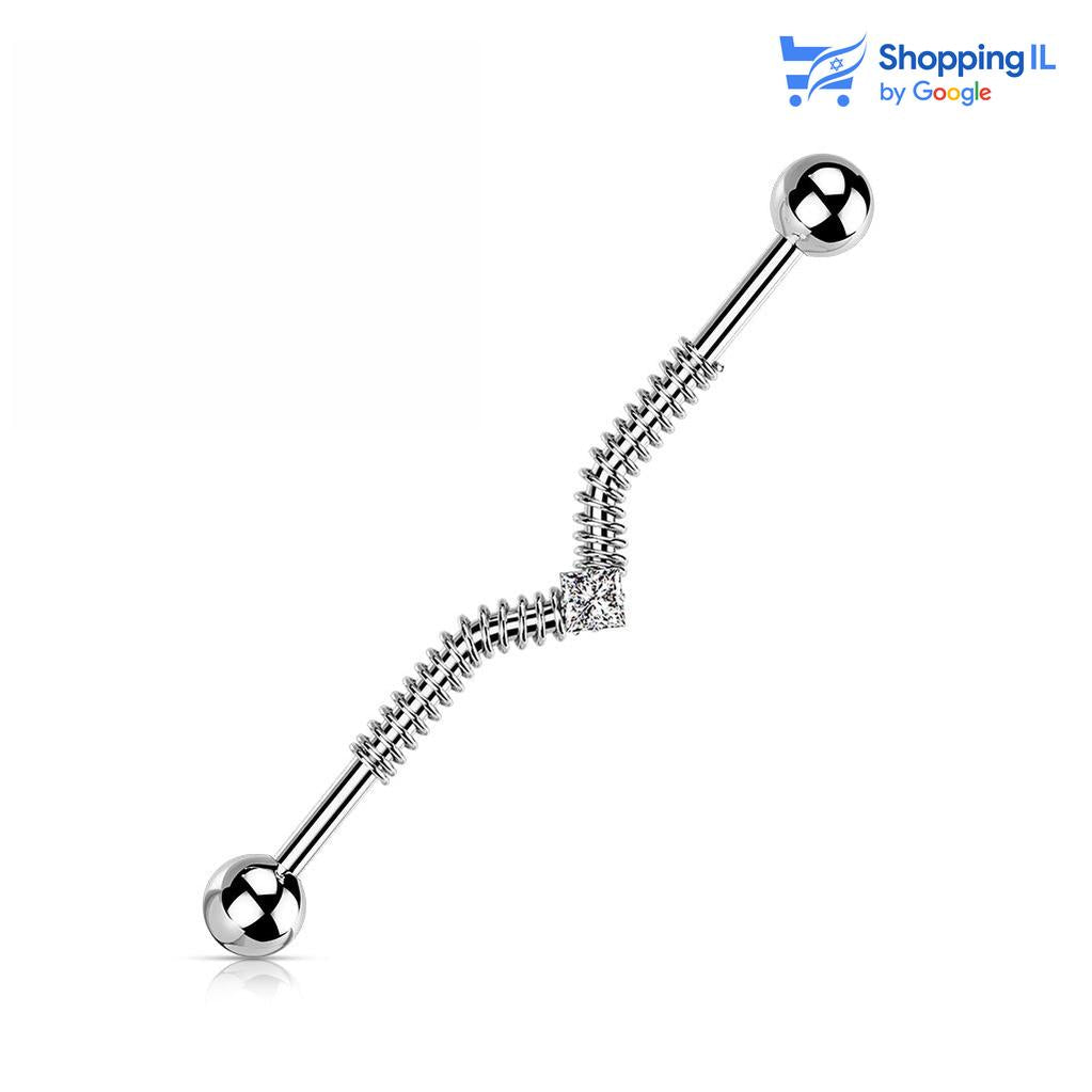 אינדסטריאל ספייק - עשוי מתכת רפואית. העגיל בעיצוב אינדסטריאל משובץ אבן קריסטל מרובעת במרכז עם זוג קפיצים מושחלים למראה ייחודי. צבע- זהב, שחור, כסף מידה - מגיע בעובי 1.6 מ"מ ובאורך 38 מ"מ קוטר סוגר - 5 מ"מ  העגיל מיועד בעיקר לאזורים הבאים: - פירסינג אינדסטריאל 