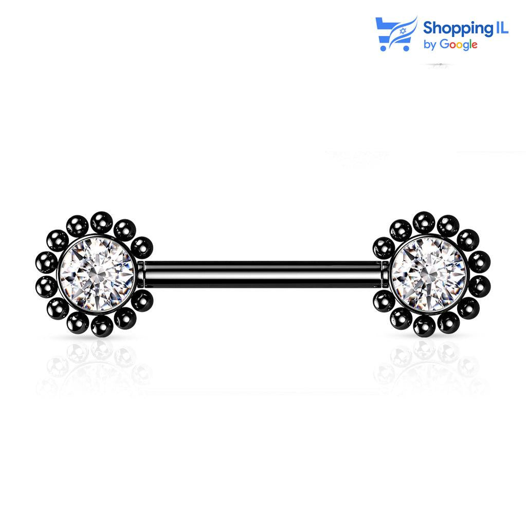 עגיל לפיטמה Black Sun - עשוי מתכת רפואית, עם סגירת פוש. העגיל בעיצוב אבן זירקון עגולה במרכז עם קרני שמש שחורות. צבע - שחור מידה - מגיע בעובי 1.6 מ"מ ובאורך 14 מ"מ  העגיל מיועד בעיקר לאזורים הבאים: - פירסינג בפיטמה