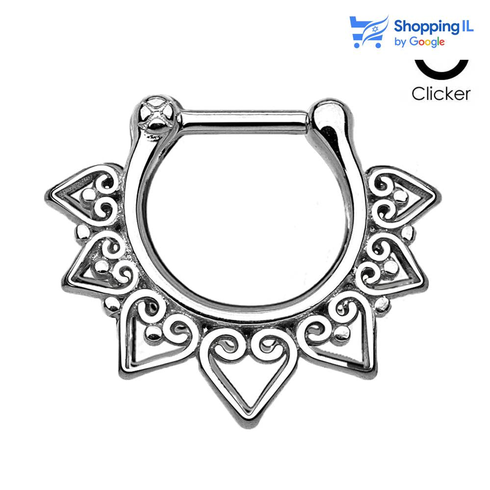 חישוק טריבל יגאן - חישוק טריבל יגאן עשוי מתכת רפואית בעלת סגירת קליקר. העגיל בעיצוב חישוק קליקר מוקף לבבות. צבע - שחור, זהב, כסף מידה - מגיע בעובי של 1.2 מ"מ  העגיל מיועד בעיקר לאזורים הבאים: - פירסינג דיית' - פירסינג ספטום - כמובן שניתן לענוד את העגיל גם באזורים אחרים (: