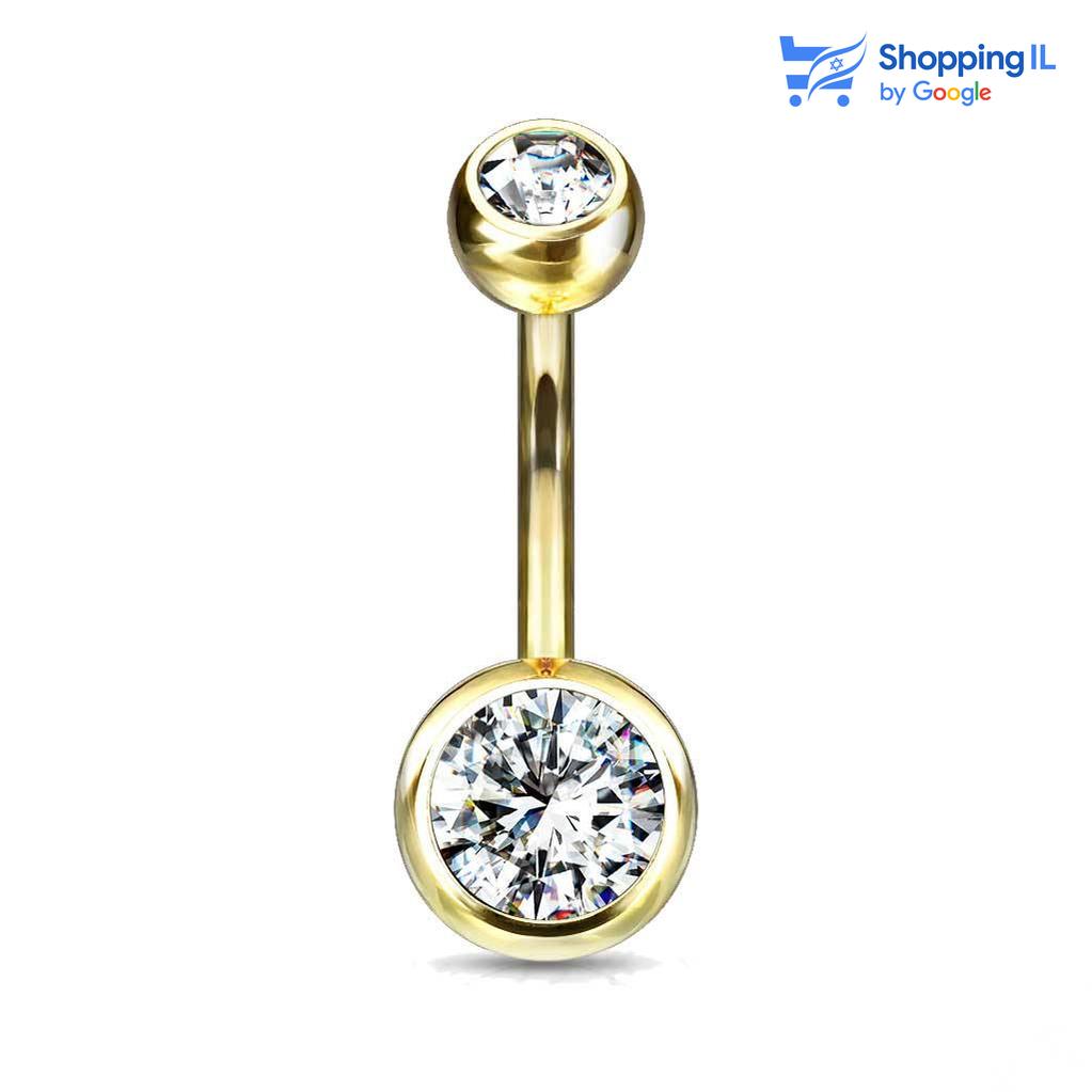 עגיל לטבור טיטניום - עגיל לטבור עשוי טיטניום. TITANIUM 6AL-4V-ELI ASTM F-136 בציפוי PVD. העגיל בעיצוב מוט בננה בצבע זהב משובץ זוג אבני זירקון. צבע - זהב, שחור, סגול מידה - מגיע בעובי של 1.6 מ"מ ובאורך 10 מ"מ קוטר סוגר - 5 מ"מ  העגיל מיועד בעיקר לאזורים הבאים: - פירסינג בטבור