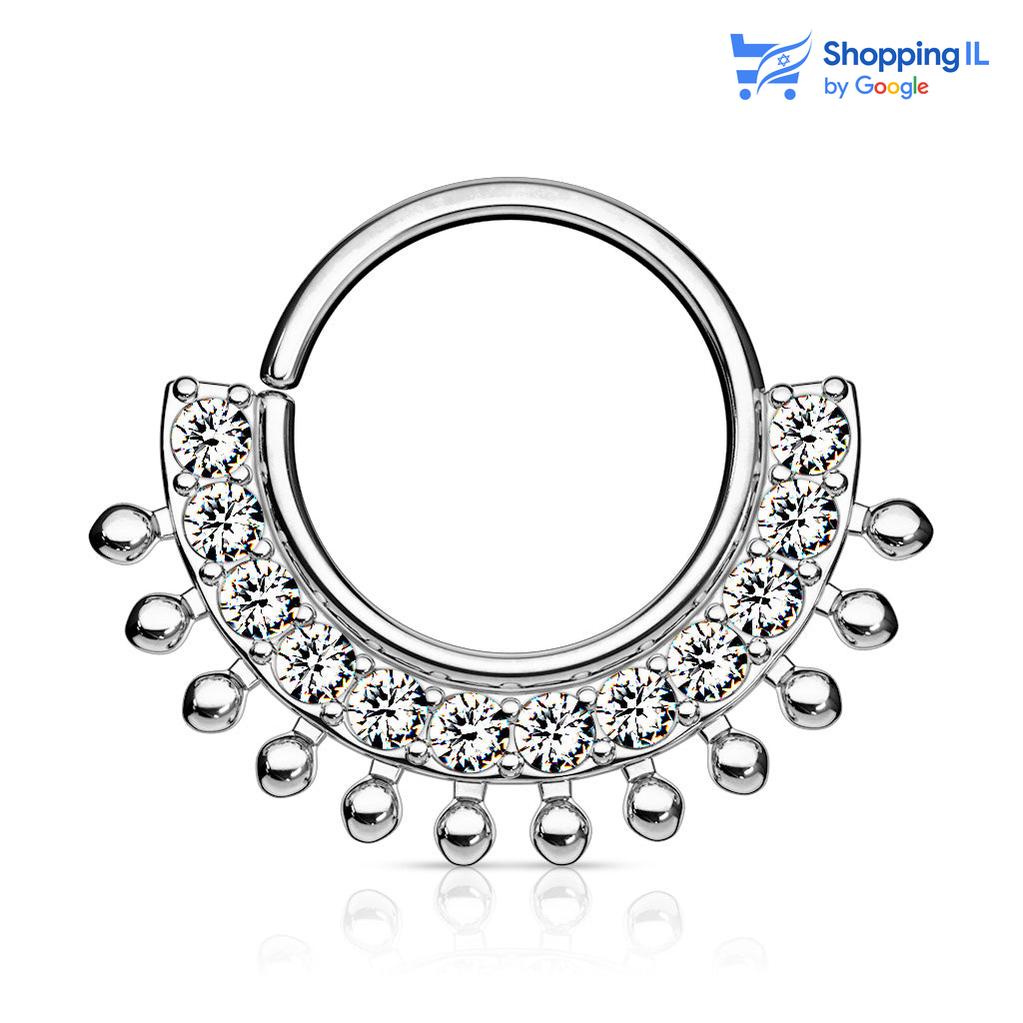 חישוק  - עגיל חישוק עשוי פליז מצופה פלטיניום, סגירת החישוק מתבצעת בעזרת כיפוף. העגיל בעיצוב מלכותי ומשובץ זירקונים. מצופה- פלטיניום מידה - מגיע בעובי של 1.2 מ"מ ובקוטר 8 מ"מ  העגיל מיועד בעיקר לאזורים הבאים: - פירסינג ספטום - פירסינג דיית' - פירסינג הליקס - כמובן שניתן לענוד את העגיל גם באזורים אחרים (: