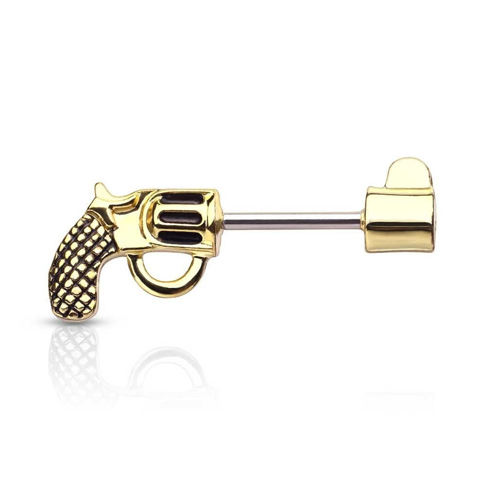 עגיל לפיטמה - עגיל בפיטמה - פירסינג בפיטמה - עגיל בפטמה עשוי מתכת רפואית בעיצוב אקדח מערבונים בצבע זהב