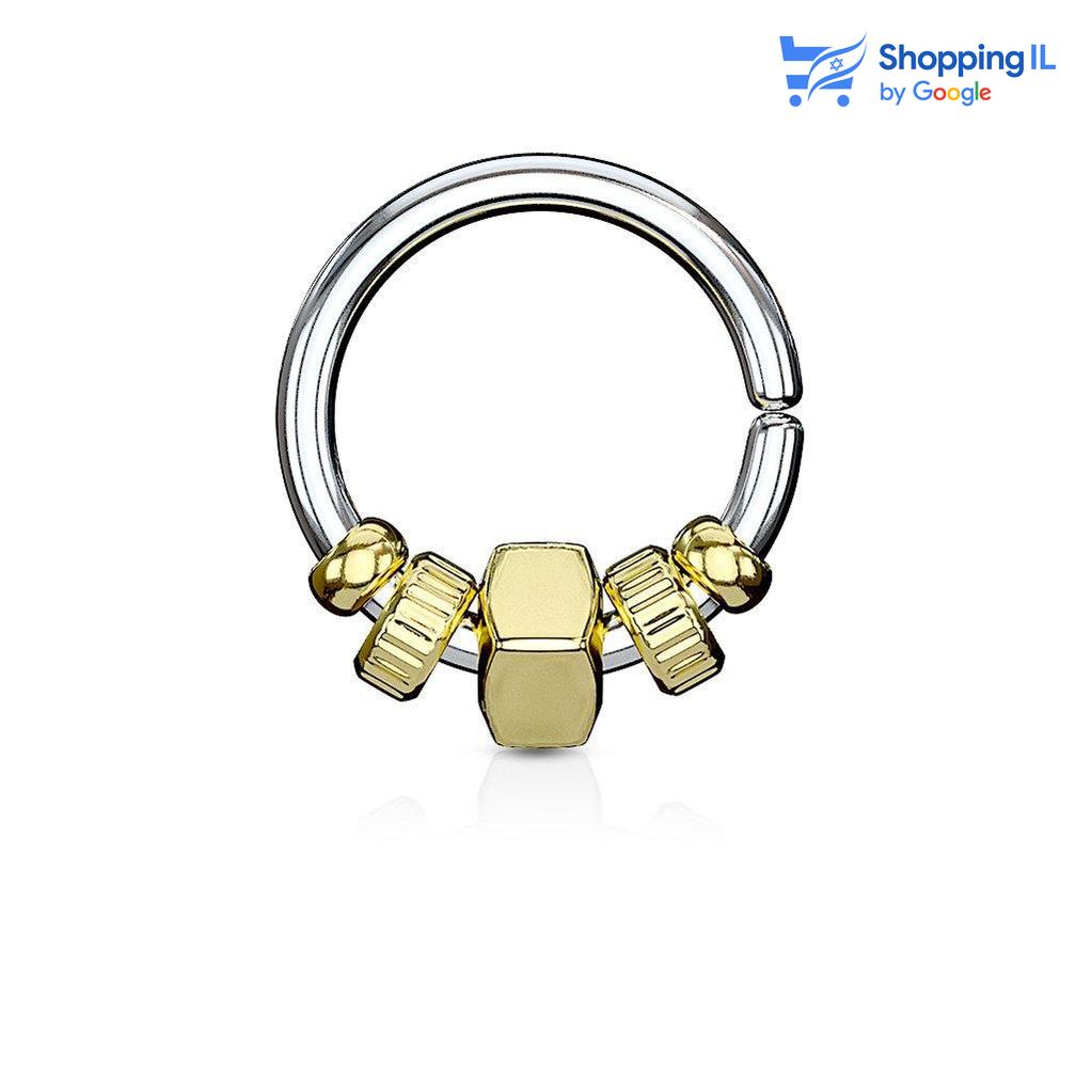 חישוק בולדוג - עגיל חישוק עשוי מתכת רפואית, סגירת החישוק מתבצעת בעזרת כיפוף. העגיל בעיצוב חישוק עם חרוזים דמוי אום. צבע - כסוף, זהב מידה - מגיע בעובי של 1.2 מ"מ ובקוטר 8 מ"מ  העגיל מיועד בעיקר לאזורים הבאים: - פירסינג הליקס - פירסינג ספטום - פירסינג טראגוס - כמובן שניתן לענוד את העגיל גם באזורים אחרים (: