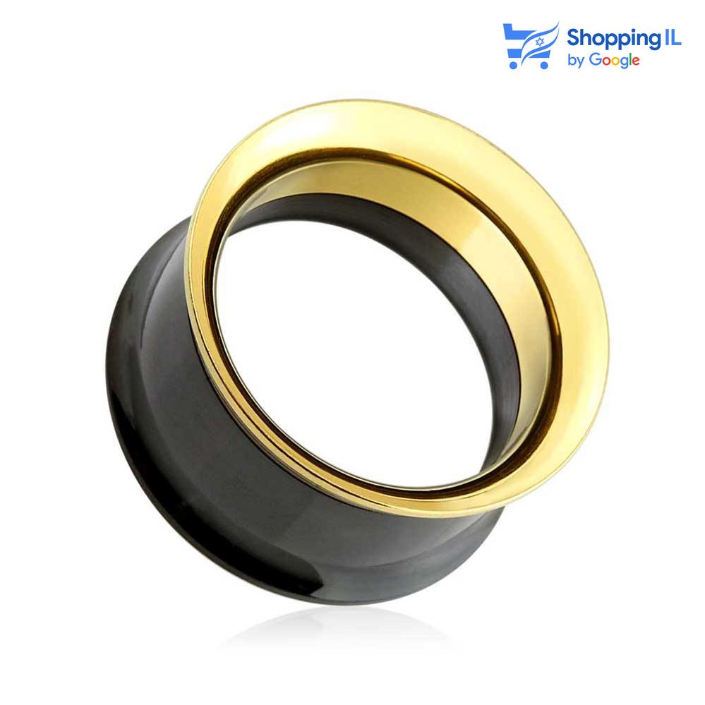 עגיל הרחבה עשוי מתכת רפואית שחורה מצופה זהב
