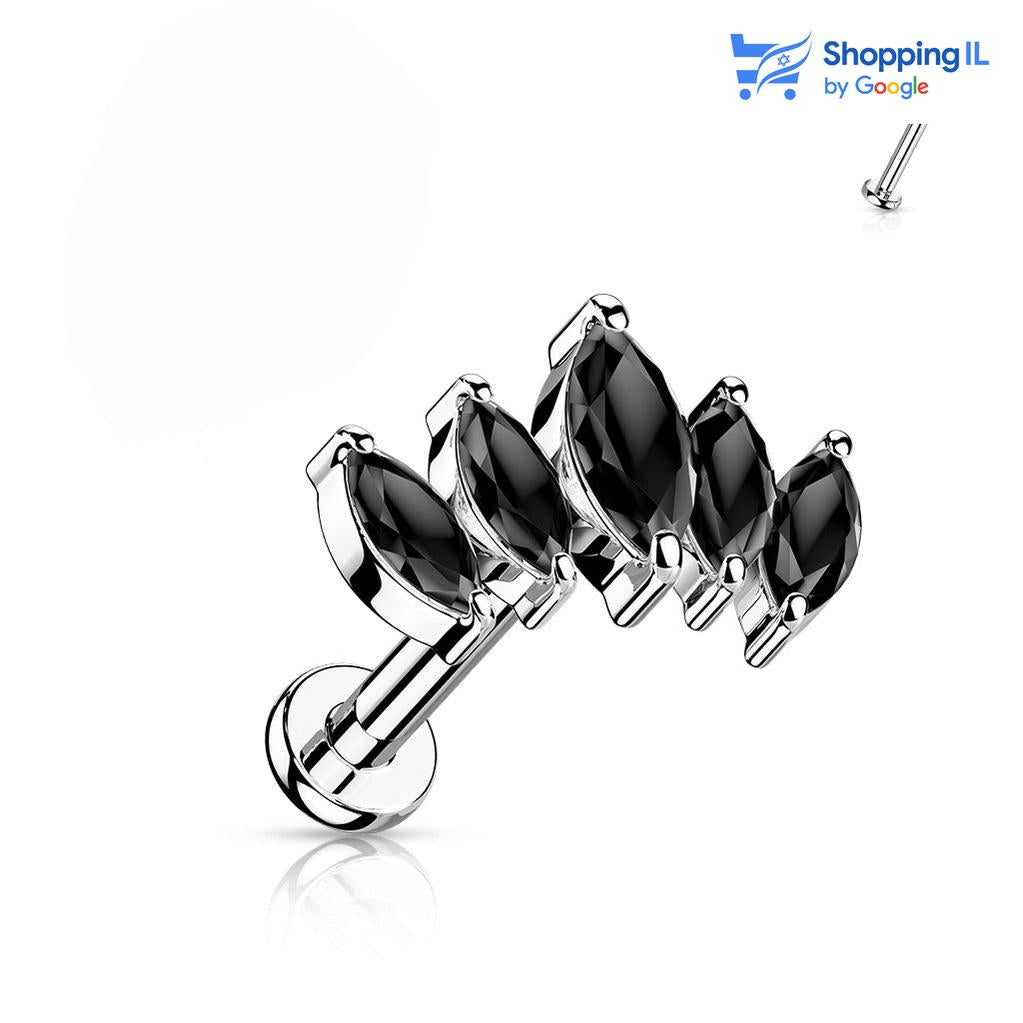 עגיל "טיפות" - עגיל עשוי מתכת רפואית מצופה רודיום בעלת הברגה פנימית. העגיל בעיצוב חמש טיפות של זירקון מחוברים בקשת. צבע - שחור, כסוף מידה - מגיע בעובי של 1.2 מ"מ ובאורך 6 מ"מ.  העגיל מיועד בעיקר לאזורים הבאים: - פירסינג קונץ' - פירסינג הליקס - פירסינג פלאט - כמובן שניתן לענוד את העגיל גם באזורים אחרים (: