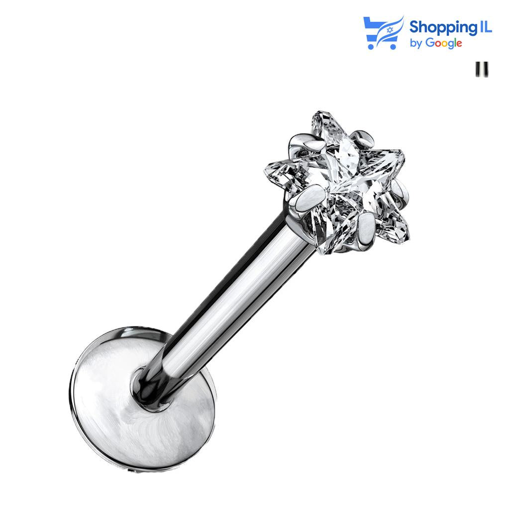 עגיל כוכב זירקון - עשוי מטיטניום . עגיל לברט משובץ זירקון בעיצוב כוכב. צבע - כסוף מידה - מגיע בעובי של 1.2 מ"מ ובאורך 6 מ"מ  העגיל מיועד בעיקר לאזורים הבאים: - מתאים לתנוך כעגיל ראשון, שני ושלישי - פירסינג הליקס - פירסינג פלאט - פירסינג טראגוס - כמובן שניתן לענוד את העגיל גם באזורים אחרים (: