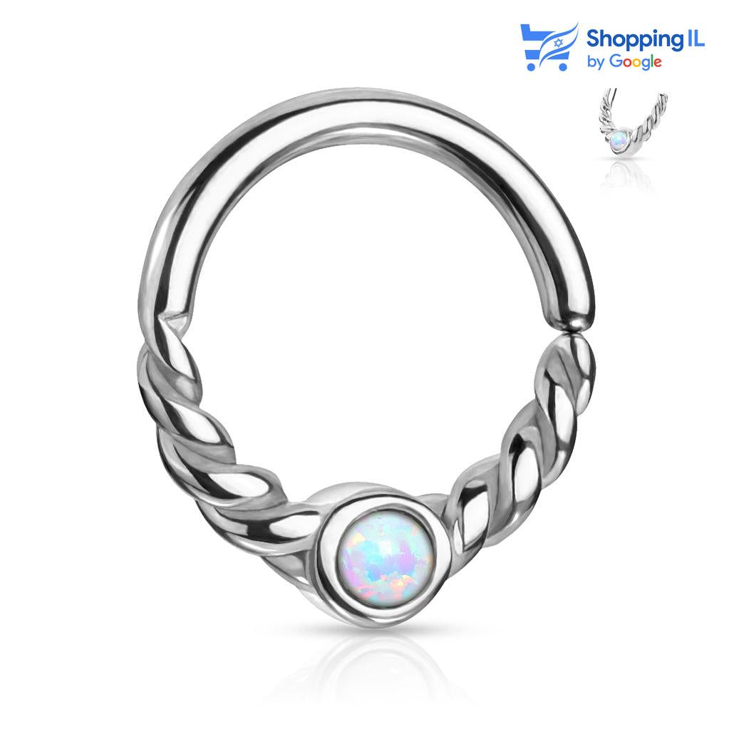 חישוק קליף מצופה זהב - עגיל חישוק עשוי מתכת רפואית, סגירת החישוק מתבצעת בעזרת כיפוף. העגיל בעיצוב חישוק מלופף מצופה זהב, ומשובץ אבן אופל לבנה במרכז. צבע - זהב, שחור, כסף  מידה - מגיע בעובי של 1.2 מ"מ ובקוטר 8 מ"מ  העגיל מיועד בעיקר לאזורים הבאים: - פירסינג ספטום - פירסינג טראגוס - פירסינג הליקס