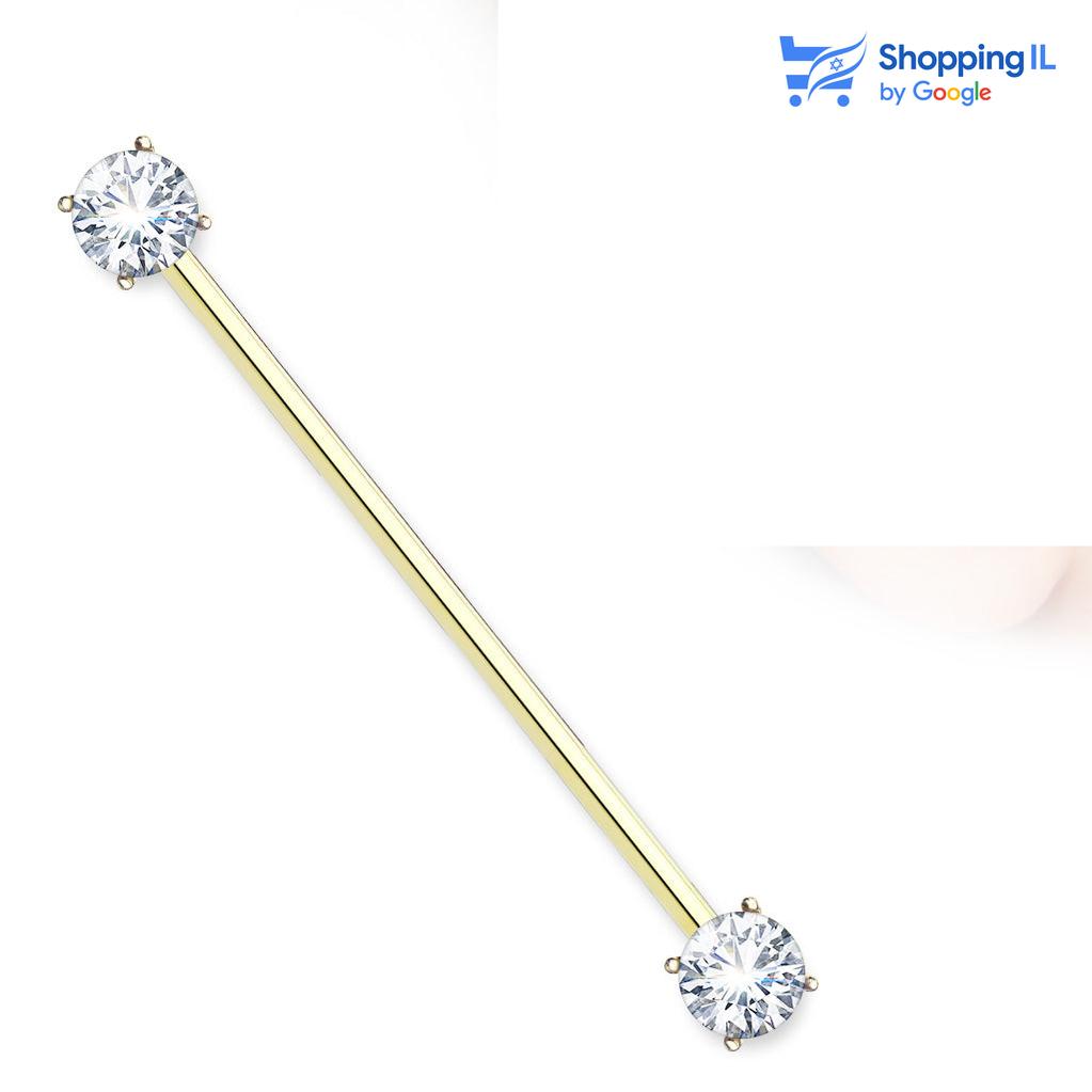 עגיל אינדסטריאל דאבל זירקון - עשוי מתכת רפואית מצופה זהב 14 קראט העגיל בעיצוב מוט ברבל משובץ זוג זירקונים פונים החוצה. צבע - זהב מידה - מגיע בעובי 1.6 מ"מ ובאורך 38 מ"מ | קוטר סוגר 7 מ"מ  העגיל מיועד בעיקר לאזורים הבאים: - פירסינג אינדסטריאל 