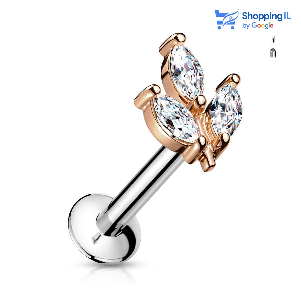 עגיל ריף - עגיל לברט עשוי מתכת רפואית עם סגירת פוש. העגיל בעיצוב עלה משובץ שלושה אבני זירקון. צבע - זהב רוז מידה - מגיע בעובי של 1.2 מ"מ ובאורך 6 מ"מ  העגיל מיועד בעיקר לאזורים הבאים: - פירסינג בשפה - פירסינג קונץ' - פירסינג הליקס - פירסינג טראגוס - כמובן שניתן לענוד את העגיל גם באזורים אחרים (: