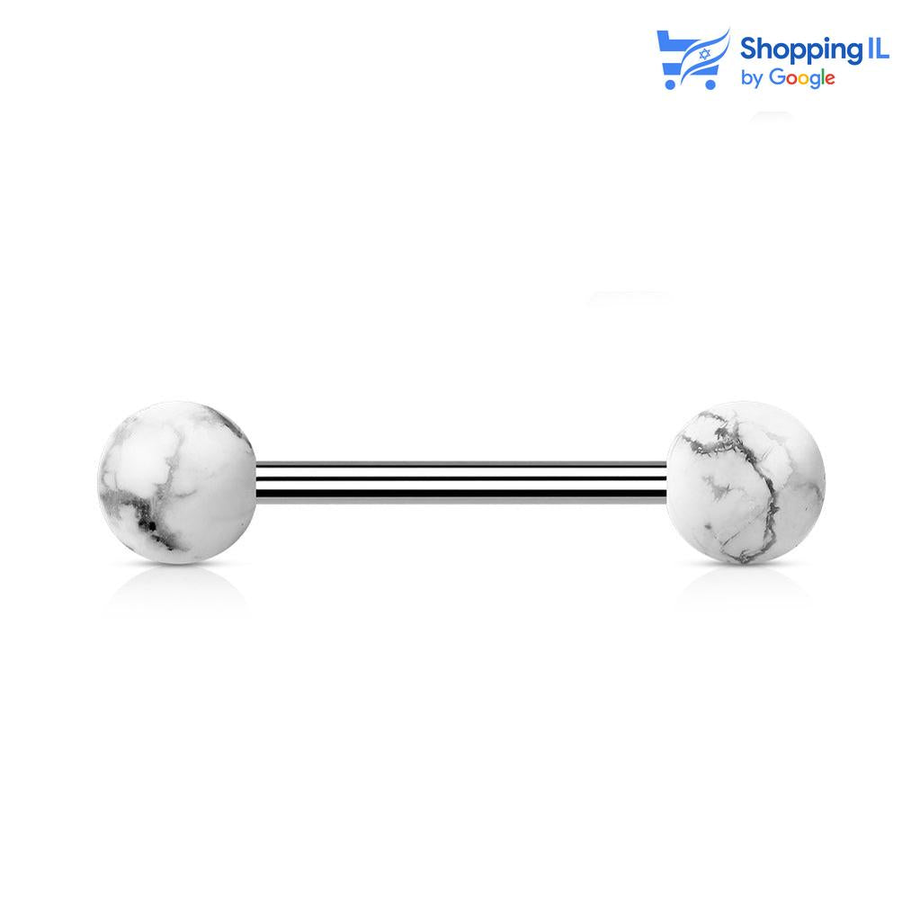 עגיל סטון - עשוי מתכת רפואית העגיל בעיצוב קלאסי של מוט ברבל עם אבן חצי יקרה כסוגר. מידה - מגיע בעובי של 1.6 מ"מ ובאורך מוט 12/16 מ"מ. קוטר סוגרים - 6 מ"מ  העגיל מיועד בעיקר לאזורים הבאים: - פירסינג בלשון - פירסינג בפיטמה - כמובן שניתן לענוד את העגיל גם באזורים אחרים (: