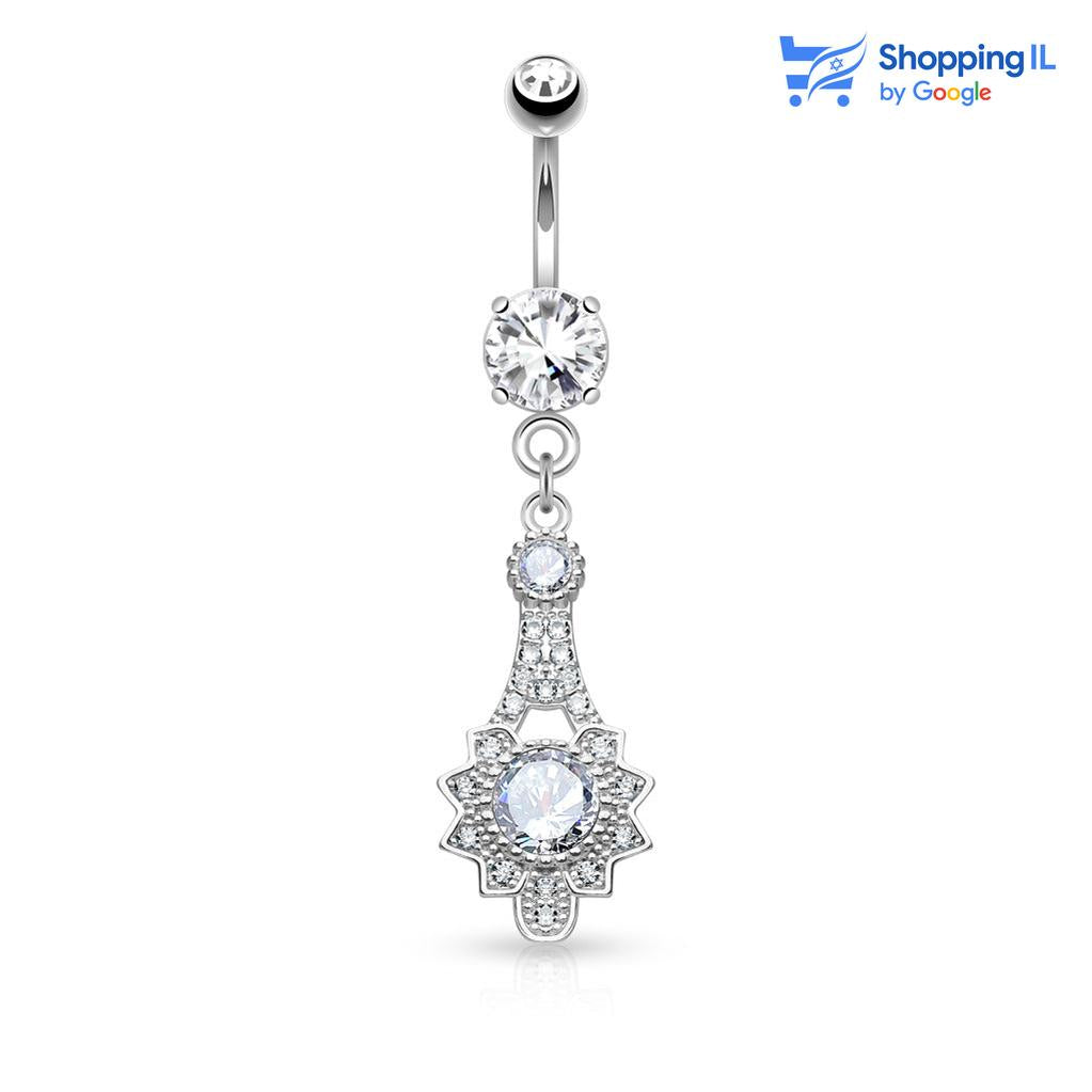 עגיל לטבור Pariy - עשוי מתכת רפואית מצופה זהב 14. העגיל בעיצוב מוט בננה משובץ אבני זירקון עם תליון בסגנון מגדל אייפל מעוטר בזירקונים. מידה - מגיע בעובי של 1.6 מ"מ ובאורך 10 מ"מ קוטר סוגר - 5 מ"מ  העגיל מיועד בעיקר לאזורים הבאים: - פירסינג בטבור - כמובן שניתן לענוד את העגיל גם באזורים אחרים (: