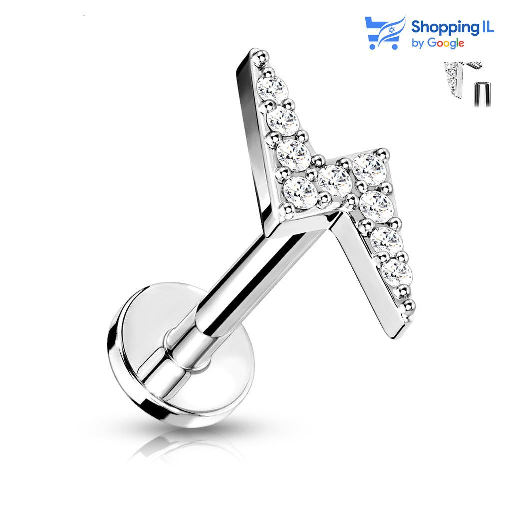 עגיל פלאש ⚡ - עגיל לברט עשוי מתכת רפואית בעלת הברגה פנימית. העגיל בעיצוב ברק משובץ באבני זירקון. צבע - זהב, כסף, זהב רוז מידה - מגיע בעובי של 1.2 מ"מ ובאורך 6 מ"מ  העגיל מיועד בעיקר לאזורים הבאים: - פירסינג בשפה - פירסינג קונץ' - פירסינג הליקס - פירסינג טראגוס - פירסינג פלאט - כמובן שניתן לענוד את העגיל גם באזורים אחרים (: