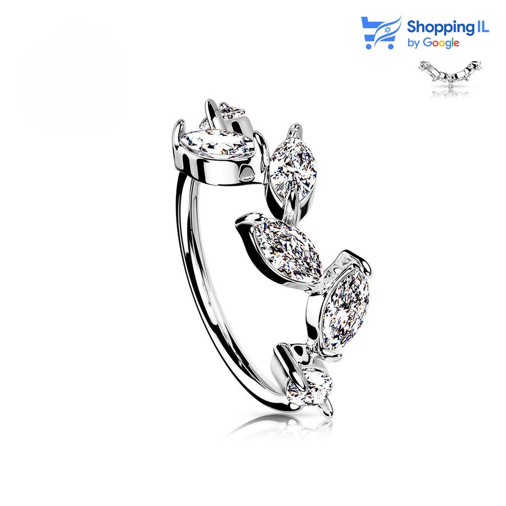 חישוק גפן - עגיל חישוק פתוח עשוי פליז מצופה רודיום, סגירת החישוק מתבצעת בעזרת כיפוף. העגיל בעיצוב עלי גפן מטפסים צבע - כסף מידה - מגיע בעובי של 0.8  מ"מ ובקוטר 8 מ"מ  העגיל מיועד בעיקר לאזורים הבאים: - פירסינג נזם - הליקס דק שנעשה בעזרת אקדח - רוק פירסינג - כמובן שניתן לענוד את העגיל גם באזורים אחרים (: